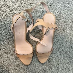 Loeffler Randall Heels Piper Wedge Shoes Leather Ankle Strap Scallop Nude sz 10